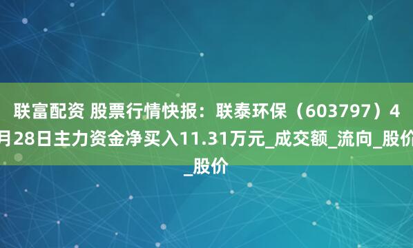 联富配资 股票行情快报：联泰环保（603797）4月28日主力资金净买入11.31万元_成交额_流向_股价